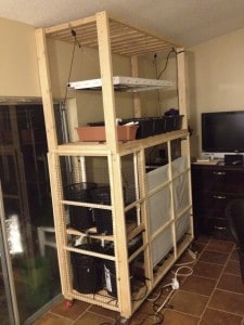 Chris designed and built our hydroponic system.  It has been reconfigured since this picture was taken.  We have space for approximately 150 plants on this 2' x 5' 6" rack.  Water circulates automatically with pumps, and our reservoir is big enough that we need to add water only once a week.