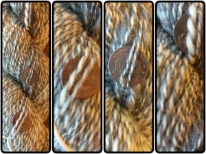Three pennies in different parts of the same skein, so you can see the thick & thin.