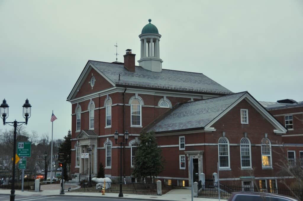 In this view of the Memorial Hall Library in Andover, MA, you can almost get a sense for  how steep the hill behind it is, if you look carefully at the righthand side of the building.