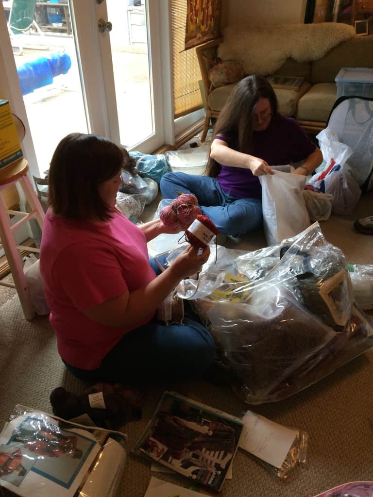 Nancy and me sorting through S's yarn and projects.