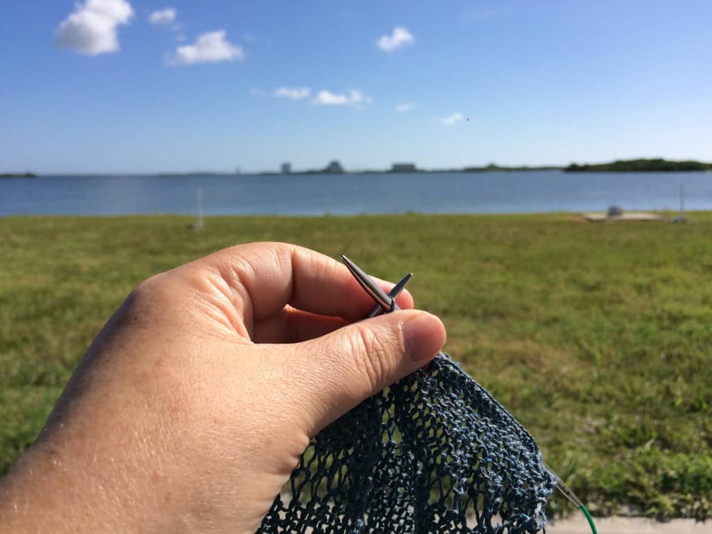 Knitting while waiting for the rocket launch.