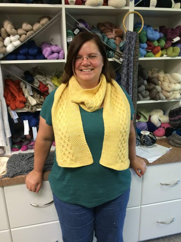 While I was a knit night at my local LYS, Susan took this picture of me wearing the scarf.